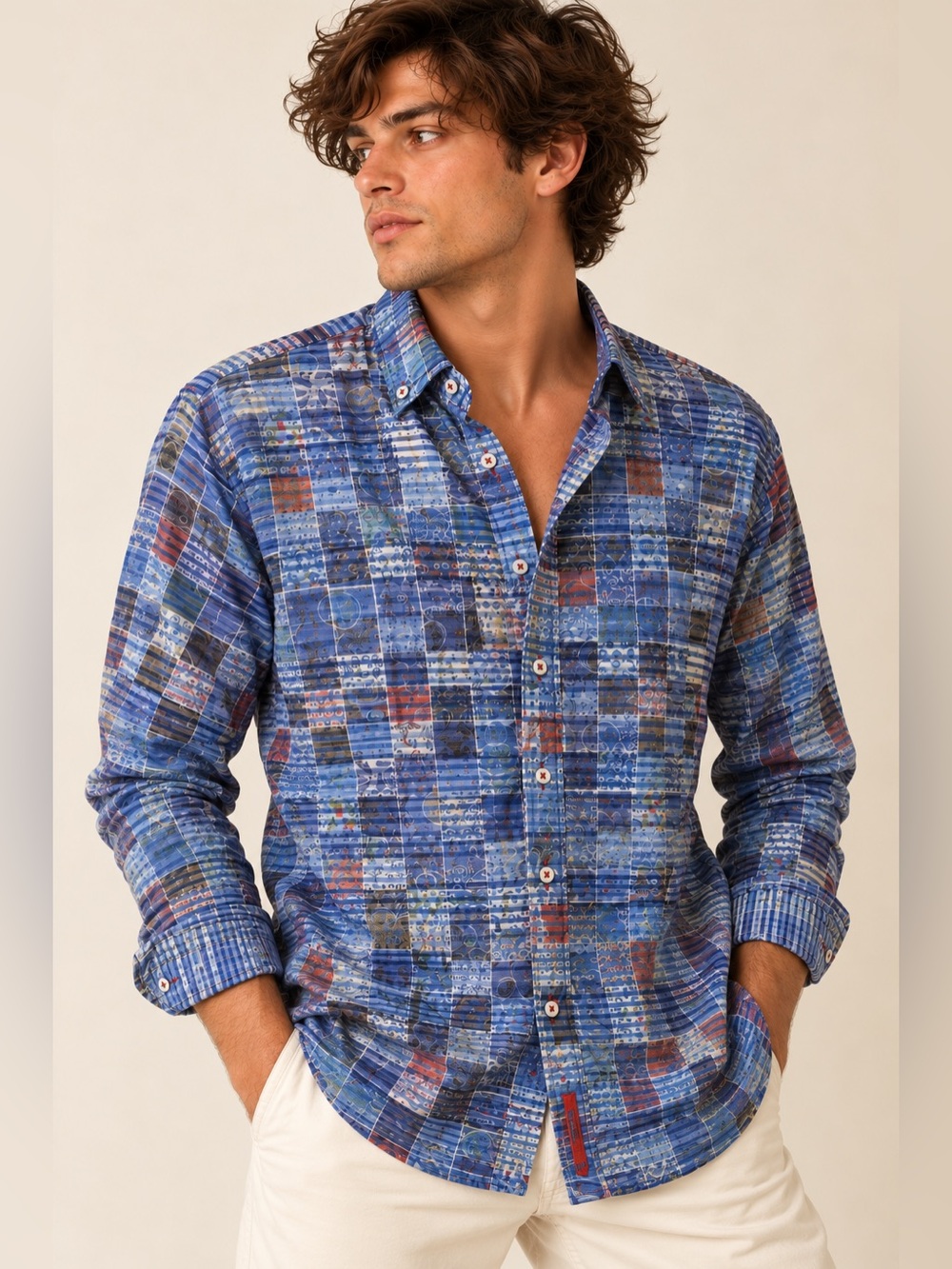 Visconti Black Mens M Patchwork Geometric Print Cotton Modal Button Down Shirt